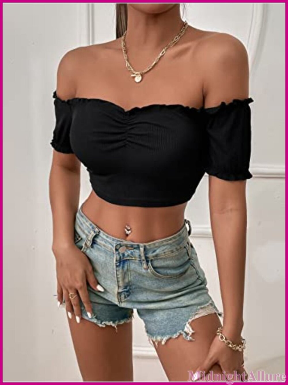 Off Shoulder Ruffle Crop Top Open Back Short Sleeve Ribbed Knit - Picture 4 of 5